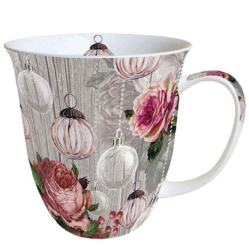 Ambiente Porzellan Tasse ca. 400ml Becher Bone China Mug Für Tee Oder Kaffee Roses And Baubles Herbst Winter Weihnachten von Ambiente