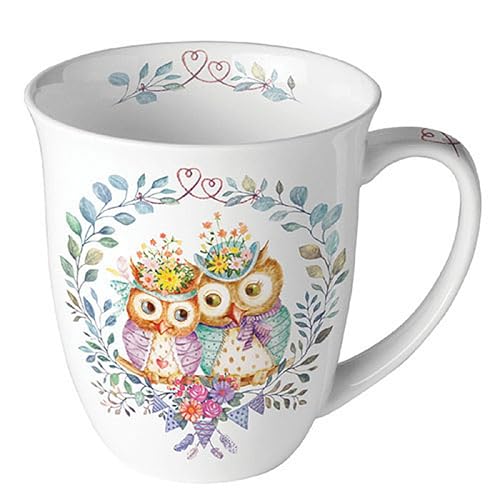 Ambiente Tasse 10cm Porzellan mit Eulen Motiv im Blumenkranz - 0,4L Keramiktasse Porzellangeschirr - Kaffeetasse Teetasse Kakaotasse - Tassen & Becher Tiermotiv - Porzellantasse Tiere Weiß Bunt von Ambiente