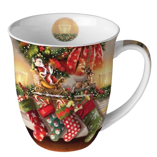 Ambiente Tasse Mug 0,4 l Henkeltasse Becher Kaffeetasse Teetasse Weihnachtstasse Kamin Geschenke hanging stockings von Ambiente