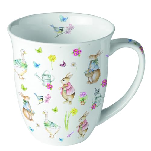 Ambiente Teetasse Kaffeetasse Becher Mug 0,4l Ostern Garten Hasen Blumen in Pastell Farben Tasse Fine Bone China Porzellan Serie easter garden von Ambiente
