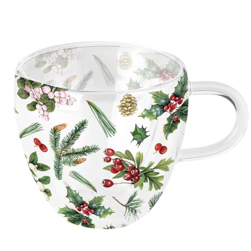 Ambiente Teetasse Tasse Mug für Heissgetränke Glas doppelwandig 0,2L Serie Winter greenery Weihnachten Zweige Ilex Stechpalme von Ambiente