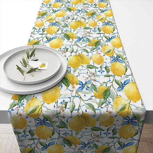 Tischläufer Baumwolle 40cm x 1,5m mit Zitronen Muster - bedrucktes Tischband - Tischwäsche für Sommer Garten Party - Tischdeko Sommerdeko Partydeko - Tischdecke Läufer mediterran Gelb Weiß von Ambiente