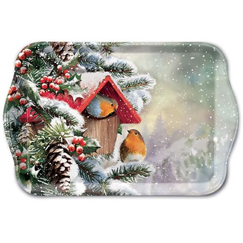 Ambiente kleines Tablett Serviertablett Dekotablett Melamin 13x21 cm Rotkehlchen Vögel in Winterlandschaft Winter Weihnachten Serie House with Robins von Ambiente