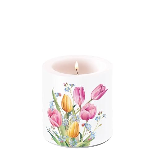 Kerze Frühling Tulpen in zarten Farben als Tischdeko. Motivkerze rund klein für den gedeckten Tisch Ø7,5 x 9cm von Ambiente