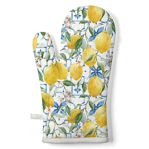 Ofenhandschuh Baumwolle 18x30cm mit Zitronen Muster - wattiert & hitzebeständig - Küchenhandschuh zum Kochen Backen Grillen - Kochhandschuh Backhandschuh Grillhandschuh - Topfhandschuh Gelb Weiß von Ambiente