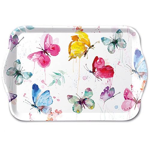 Ambiente Tablett 13x21cm Melamin mit Aquarell Schmetterlinge Motiv - zum Dekorieren & Servieren - kleines Serviertablett für Kaffee Tee Frühstück - Tischdeko Frühling Sommer - Dekotablett Weiß Bunt von Ambiente