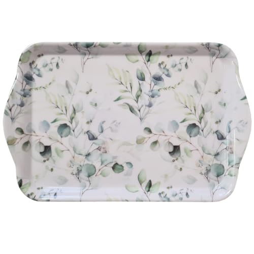 Ambiente Tablett 13x21cm Melamin mit Eukalyptus Motiv - zum Dekorieren & Servieren - kleines Serviertablett für Kaffee Tee Frühstück - Tischdeko Frühling Natur Sommer - Dekotablett modern Weiß Grün von Ambiente