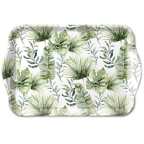 Tablett 13x21cm Melamin mit Tropenblätter Motiv - zum Dekorieren & Servieren - kleines Serviertablett für Kaffee Tee Frühstück - Tischdeko Dschungel Urban Jungle - Dekotablett modern Weiß Grün von Ambiente