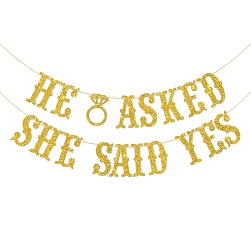Goldenes Glitzer-Banner mit Aufschrift "He Asked She Said Yes", für Hochzeit, Verlobung, Brautparty, Junggesellinnenabschied Goldenes Glitzer-Banner mit Aufschrift "He Asked She Said Yes", für Hochzeit, Verlobung, Brautparty, Junggesellinnenabschied von Ambishi