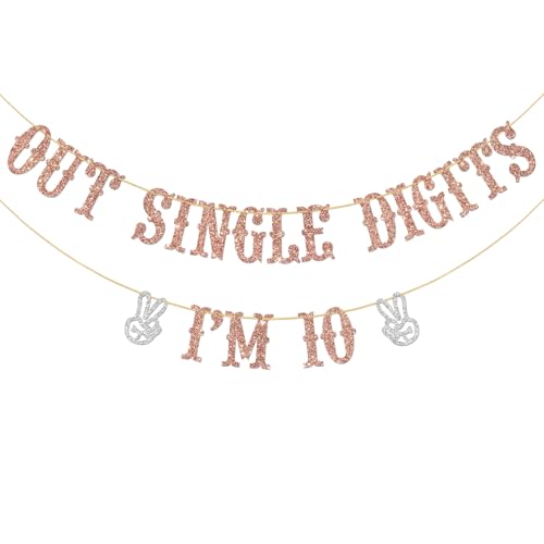 Out Single Digits I'm 10 Banner, Double Digits 10, Happy 10th Birthday Decorations for Boys Girls, Double Digits 10 Year Old Birthday Supplies (Roségold) von Ambishi