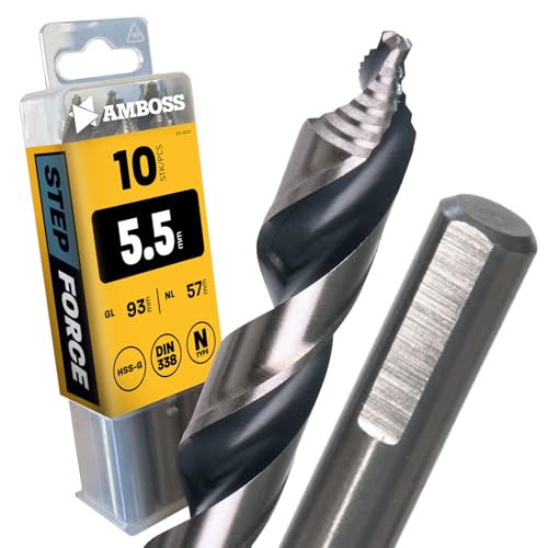10x Spiralbohrer Step Force Ø5.5 mm - HSS-G DIN 338 für Stahl, Baustahl, Alu, Buntmetalle AMBOSS WERKZEUGE® Bohrer Bleche, Profile - Sechskant f. Bohrmaschine, Akkubohrer, Standbohrmaschine von Amboss Werkzeuge