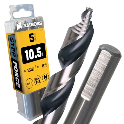 5x Spiralbohrer Step Force Ø10.5 mm - HSS-G DIN 338 für Stahl, Baustahl, Alu, Buntmetalle AMBOSS WERKZEUGE® Bohrer Bleche, Profile - Sechskant f. Bohrmaschine, Akkubohrer, Standbohrmaschine von Amboss Werkzeuge