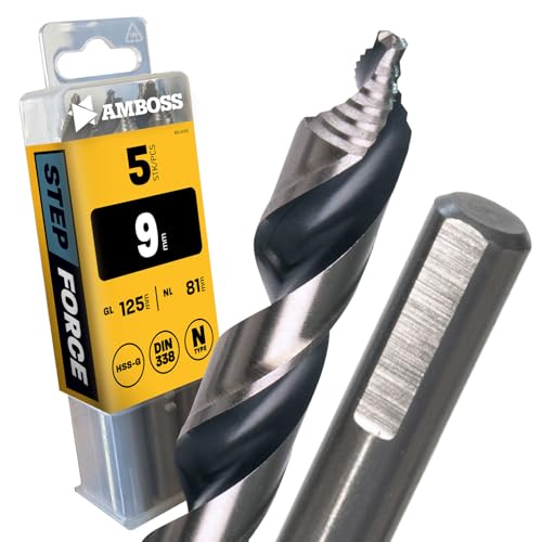 5x Spiralbohrer Step Force Ø9.0 mm - HSS-G DIN 338 für Stahl, Baustahl, Alu, Buntmetalle AMBOSS WERKZEUGE® Bohrer Bleche, Profile - Sechskant f. Bohrmaschine, Akkubohrer, Standbohrmaschine von Amboss Werkzeuge