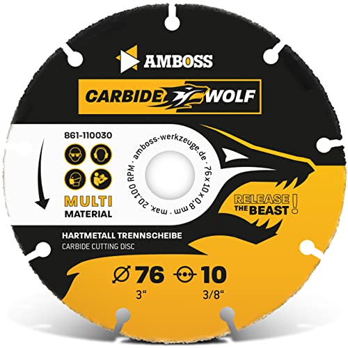 Amboss Carbide Wolf Ø 76mm - Multi Hartmetall Trennscheibe für Winkelschleifer (Flex,Bosch uva) - Holz (mit Nägeln), Kunststoff, Plastik, Gips - Holztrennscheibe, Universal Sägeblatt, Speedcutter von Amboss Werkzeuge