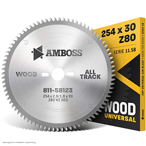 Amboss - HM Kreissägeblatt für Holz - Ø 254 mm x 2,8 mm x 30 mm | für Kappsägen | Kombinebenlöcher | WZ negativ (80 Zähne) von Amboss Werkzeuge