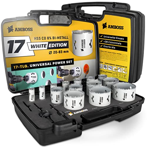 Amboss M 42 Bi-Metall Lochsägen Set Ø 19-83 mm (17-teilig) / Für Aluminium, Stahl, Gipskarton, Holz etc. / White Edition 17 Universal Power Set von Amboss Werkzeuge