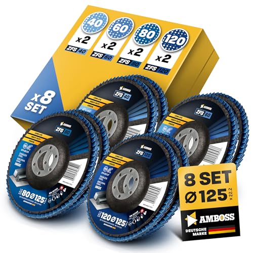 Set Fächerscheibe Ø125mm K41-120 (je 2 Stck.) für Stahl/Edelstahl - Polieren Entroster Kehlnaht schleifen - AMBOSS Werkzeuge ZFS Lamellenschleifscheibe blau Winkelschleifer - Profi Zirkon Schleifmop von Amboss Werkzeuge