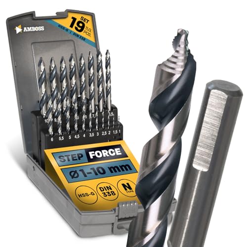 Spiralbohrer Step Force 19tlg. SET Ø1-10 mm - HSS-G DIN 338 für Stahl, Baustahl, Alu, Buntmetalle AMBOSS WERKZEUGE® Bohrer Bleche, Profile - Sechskant f. Bohrmaschine, Akkubohrer, Standbohrmaschine von Amboss Werkzeuge