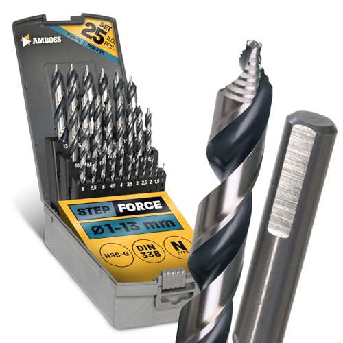 Spiralbohrer Step Force 25tlg. SET Ø1-13 mm - HSS-G DIN 338 für Stahl, Baustahl, Alu, Buntmetalle AMBOSS WERKZEUGE® Bohrer Bleche, Profile - Sechskant f. Bohrmaschine, Akkubohrer, Standbohrmaschine von Amboss Werkzeuge