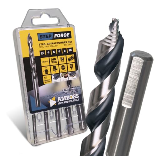 Spiralbohrer Step Force 5tlg. SET Ø4-10 mm - HSS-G DIN 338 für Stahl, Baustahl, Alu, Buntmetalle AMBOSS WERKZEUGE® Bohrer Bleche, Profile - Sechskant f. Bohrmaschine, Akkubohrer, Standbohrmaschine von Amboss Werkzeuge