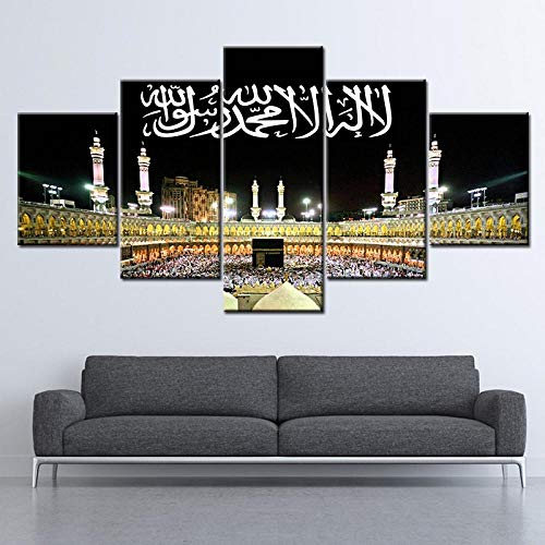 HD-Drucke Leinwand Wandkunst Wohnzimmer Wohnkultur Bilder 5 Stück Islam Mekka Kaaba Tapete Gemälde Poster + 5 Religiöse muslimische Zeichen Papier hängen Poster HD gedruckte Leinwand Wandkunst Wo von Amdai