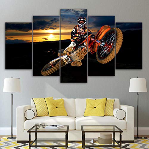 Amdai Wohnzimmer Wandkunst Bilder HD gedruckt 5 Panel Action Motocross Moderne Malerei auf Leinwand Poster + Sky Sunset Motorrad Motocross von Amdai