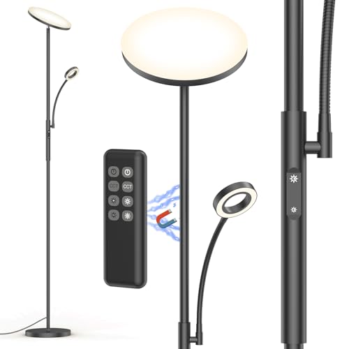 35W Wohnzimmer Stehlampe 1,8m hoch in schwarz, LED Deckenfluter mit Leselampe & Fernbedienung, vier Einstellbare Farbtemperatur, Dimmbar, Einstellbare Winkel, Stehleuchte passend für jede Wohnung von Amdelne