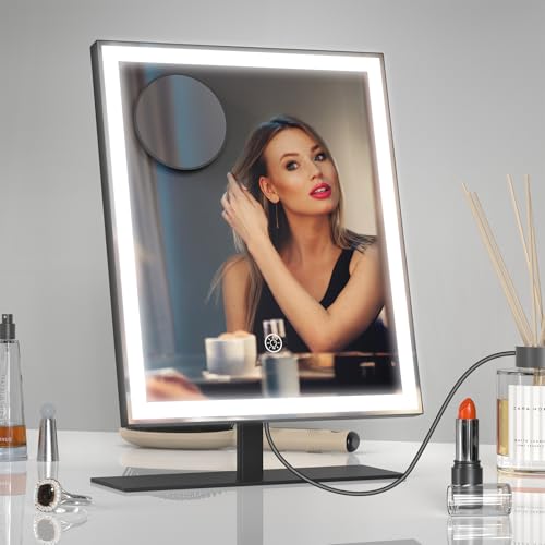 Amdelne Hollywood-Stil Kosmetikspiegel mit Lichtern - 34 × 25 cm Dimmbarer LED Schminkspiegel mit 3 Farbmodi, USB Wiederaufladbar, Abnehmbare 10-fache Vergrößerung, Smart Touch Control - Schwarzer von Amdelne