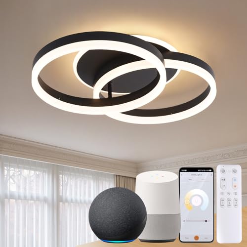 Amdelne Smart Deckenlampe LED Alexa, 50cm 2-Ringe Design, 36W Deckenleuchte Wohnzimmer Moderne mit Fernbedienung Dimmbar,Mit Nachtlicht Memory-Funktion, für Küche Schlafzimmer, Esszimmer, Büro-Schwarz von Amdelne