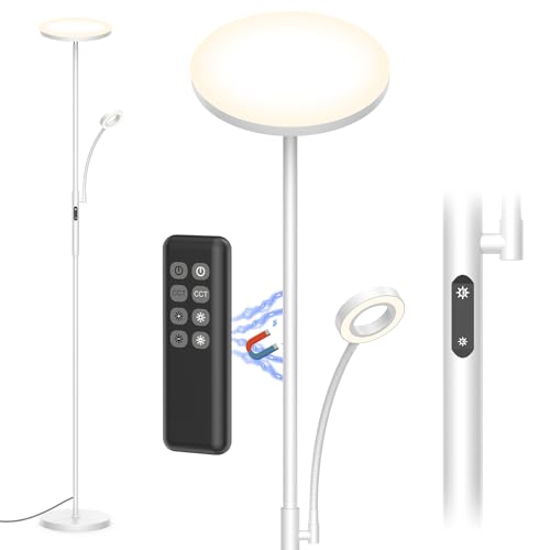 Amdelne Stehlampe Wohnzimmer Dimmbar, Modern Stehleuchte LED 30W mit Flexibler 5W Leselampe, Deckenfluter mit Fernbedienung & Touch-Steuerung, Standleuchte mit 4 Farbtemperatur für Schlafzimmer Büro von Amdelne