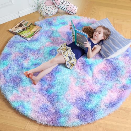 Amdrebio Lila Grau Teppich für Schlafzimmer, Flauschiger Kreis-Kinderzimmer, Pelziger Jugendzimmer, Zotteliger Runder Plüsch-Schlafsaal, Niedliche Raumdekoration Baby von Amdrebio