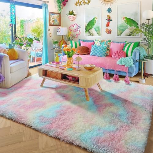 Flauschige Regenbogen-Teppiche für Mädchenzimmer, Einhorn-Zimmerdekoration, Pastell-Teppich für Kinder, Shag Teppich für Kinderzimmer, Plüschteppich für Spielzimmer, Überwurfteppich 10.2x15.2 cm von Amdrebio