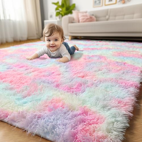 Regenbogen-Läufer-Teppiche für Mädchenzimmer, Einhorn-Raumdekoration, Pastell-Teppich für Kinder, Zottelteppich für Kinderzimmer, weiche Spielmatte für Baby, flauschiger Teppich für Wohnzimmer, von Amdrebio