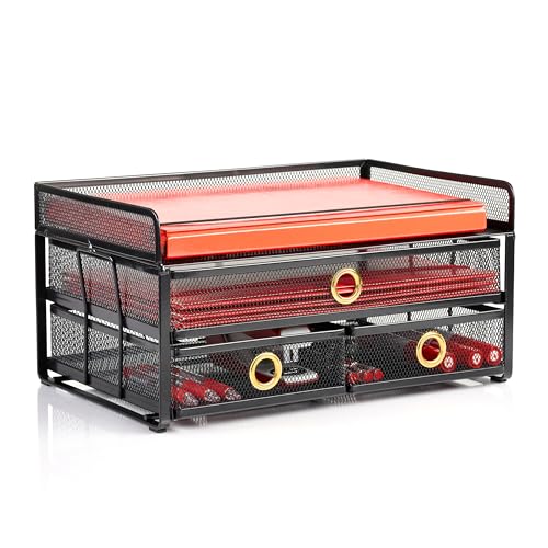 Ameco Schreibtisch-Organizer mit drei Schubladen und einem Regal Eleganter Loft-Stil Ordnung auf dem Schreibtisch Büro Zuhause Metallgitter Schwarz Maße 360x240x180 mm von Ameco