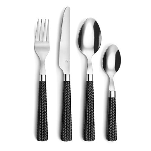 Amefa PAILLE Besteck Set 6 Personen | Essbesteck 24-teilig | schwarze Griffe im Flechtdesign | Besteck Set 18/0 Edelstahl | Besteckset spülmaschinenfest | je 6x Gabel, Messer, Löffel & Kaffeelöffel von Amefa