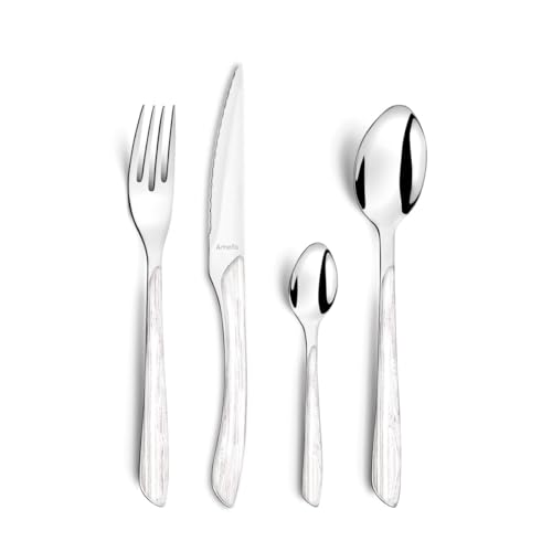 Amefa ECLAT Besteck Set NATURE Weiß Holz Essbesteck 24-teilig für 6 Personen Edelstahl rostfrei Kunststoff-Griffschalen in Holzoptik spülmaschinenfest Besteck Set 6 Personen von Amefa