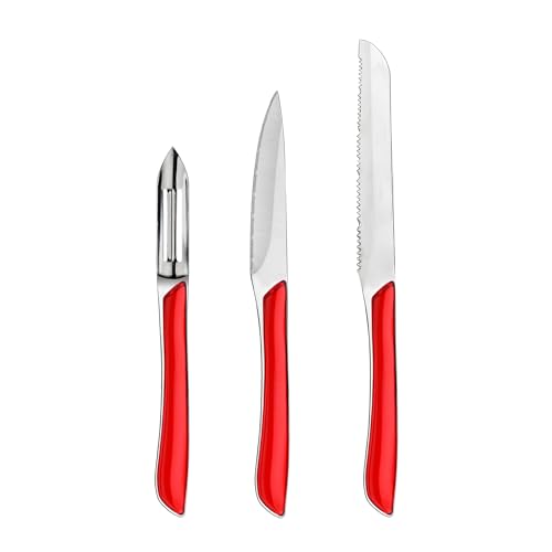 Amefa - 3-teiliges Küchenmesser-Set – Officemesser, Schälmesser und Gemüsemesser – Eclat – Edelstahl 13 C, Hochglanz-Finish – Rot von Amefa