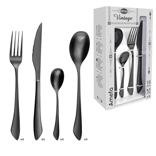 Amefa INSTINCT Besteck Set 4 Personen | 16-teilig | PVD Besteck Schwarz matt im Vintage Style | Besteckset 4 Personen Edelstahl 18/0 matt | je 4x Tischgabel, Tafelmesser, Tischlöffel & Teelöffel von Amefa