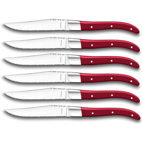 Amefa Premiere ROYAL STEAK Laguiole Steakmesser-Set | 6-teilig | Rot | mit Wellenschliff | 3-fach genieteter Acryl-Griff | Steakmesser Set in edlem Holz-Etui | 13/0 Klingenstahl | Grill Zubehör von Amefa