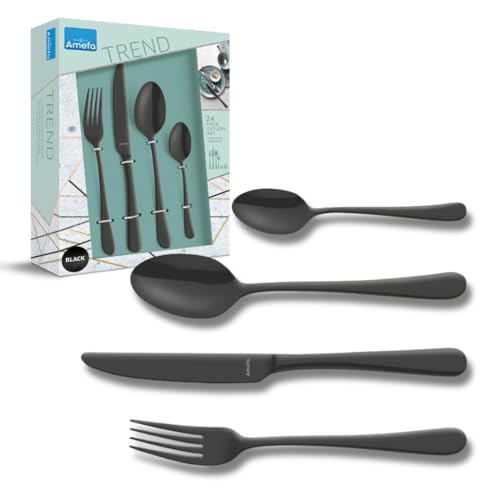 Amefa AUSTIN SCHWARZ | Besteckset 24-teilig | PVD-veredeltes schwarzes Besteck Set | farbigesTafelservice 18/0 Edelstahl rostfrei | Besteck Set 6 Personen | Besteck schwarz spülmaschinenfest von Amefa