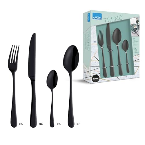 Amefa AUSTIN SCHWARZ | Besteckset 24-teilig | PVD-veredeltes schwarzes Besteck Set | farbigesTafelservice 18/0 Edelstahl rostfrei | Besteck Set 6 Personen | Besteck schwarz spülmaschinenfest von Amefa