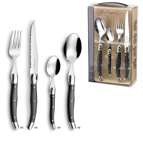 LOU LAGUIOLE TRADITION Steakmesser Besteck Set 24-teilig | Steakbesteck mit Tradition und Stil | Griffe in Anthrazit | Wellenschliff Messer | Grillbesteck Set | Scharfe Messer | Besteck Set 6 Personen von Amefa
