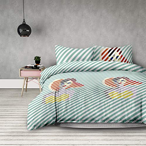 AmeliaHome 3tlg Bettwäsche 200x200 cm mit 2 Kissenbezügen 63x63 cm Streifen Microfaser Reißverschluss Basic Collection Retro Girl Minze weiß von AmeliaHome