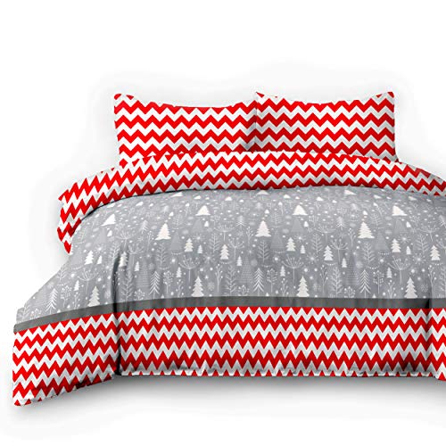 AmeliaHome 06303 4tlg 2 x Biber Bettwäsche 155x220 cm mit 2 Kopfkissenbezügen 80x80 cm 100% Baumwolle Bettbezug Reißverschluss Snuggy Collection Christmas Mess Tannenbaum weiß rot grau von AmeliaHome