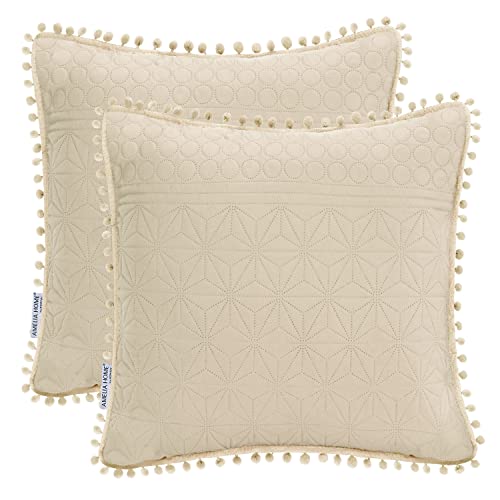 AmeliaHome 2 Kissenbezüge mit Pompons zweiseitig ultrasonic Steppung 45x45 cm Meadore Beige von AmeliaHome