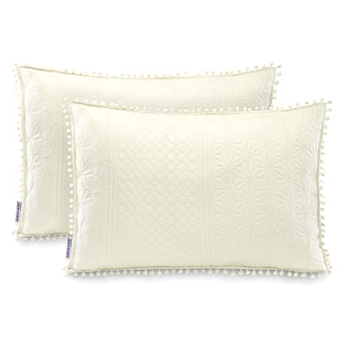 AmeliaHome 2 Kissenbezüge mit Pompons zweiseitig ultrasonic Steppung 50x70 cm Meadore Creme von AmeliaHome