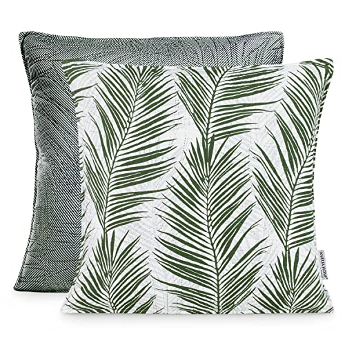 AmeliaHome 2 Kissenbezüge zweiseitig ultrasonic Steppung 45x45 cm Pflanzenmuster Grün Weiß Tropical Bonaire von AmeliaHome