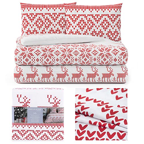 AmeliaHome Biber Bettwäsche 200x200 mit 2 Kopfkissenbezügen 80x80 Baumwolle Reißverschluss Snuggy Jolly Rentiere norwegische Muster rot weiß von AmeliaHome