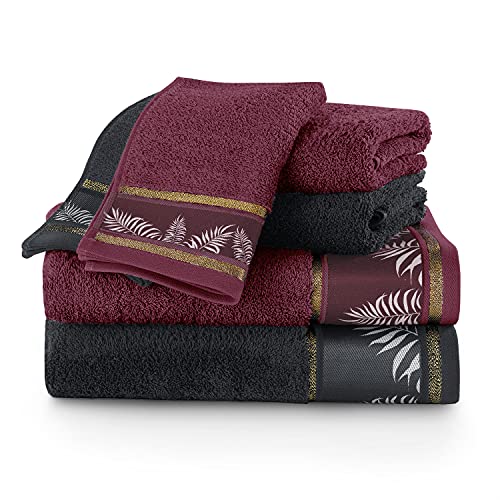 AmeliaHome Handtuch Set 6tlg 100% Baumwolle 50x90 70x140 30x50 cm Bordüre Duschtuch Gästetuch Farne Bordeaux Schwarz Pavos von AmeliaHome