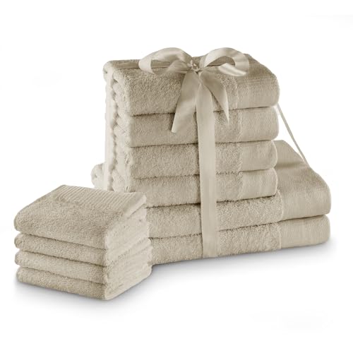 AmeliaHome Handtuch Set Beige 4 Gästetücher 30x50 cm 4 Handtücher 50x100 cm und 2 Duschtücher 70x140 cm 100% Baumwolle Qualität Saugfähig Cappuccino Amari von AmeliaHome